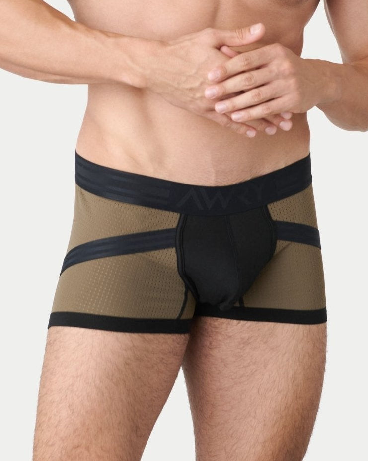 Awry Lift Trunk Moss Black - men's enhancing trunk with built-in jockstrap, front view