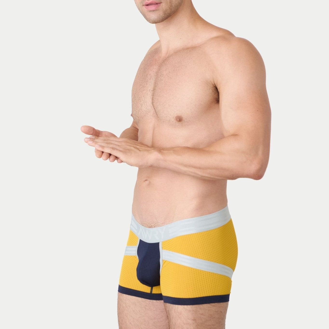 Awry Lift Trunk Navy Gold - branded waistband detail on men's trunk underwear
