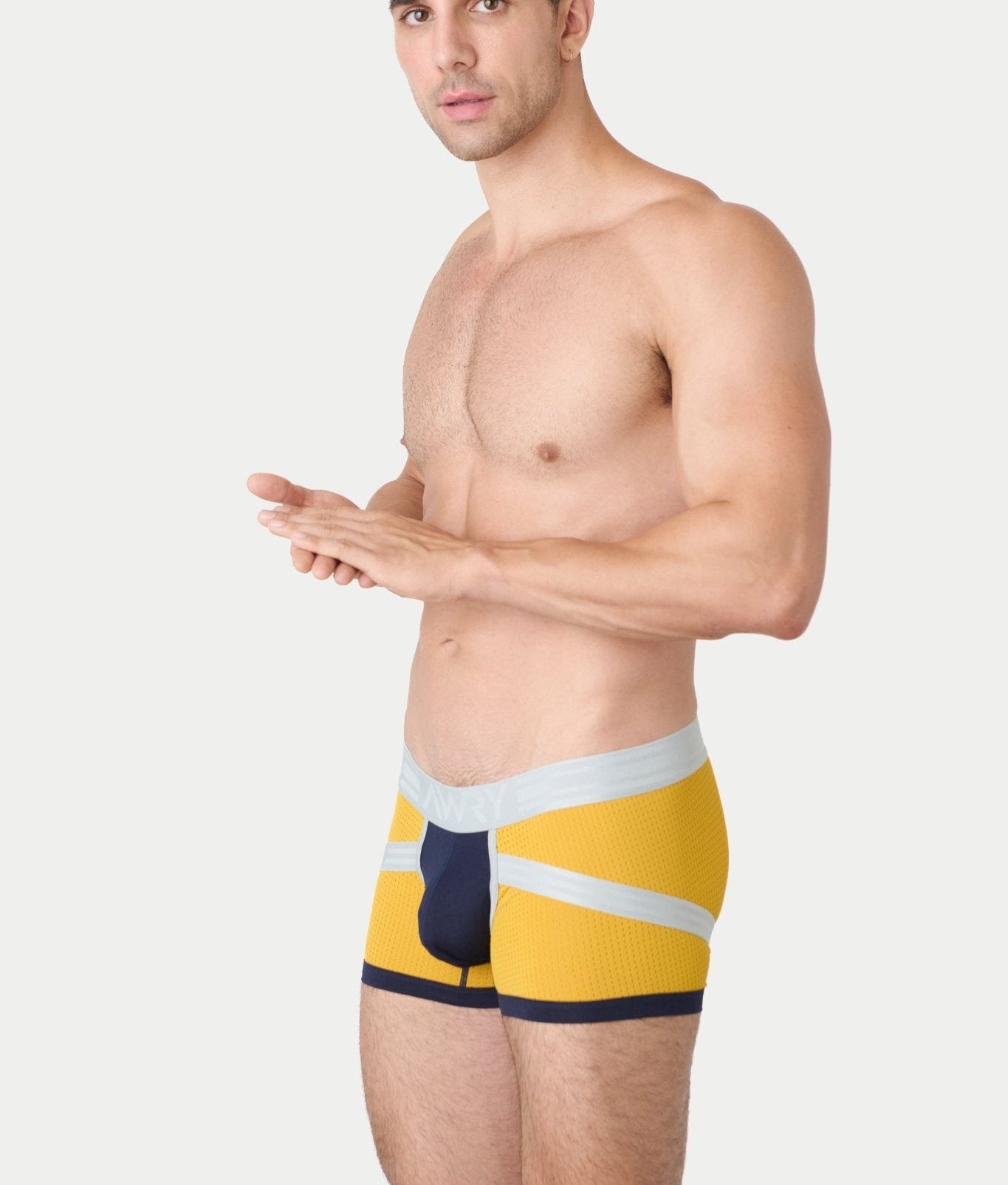 Awry Lift Trunk Navy Gold - branded waistband detail on men's trunk underwear