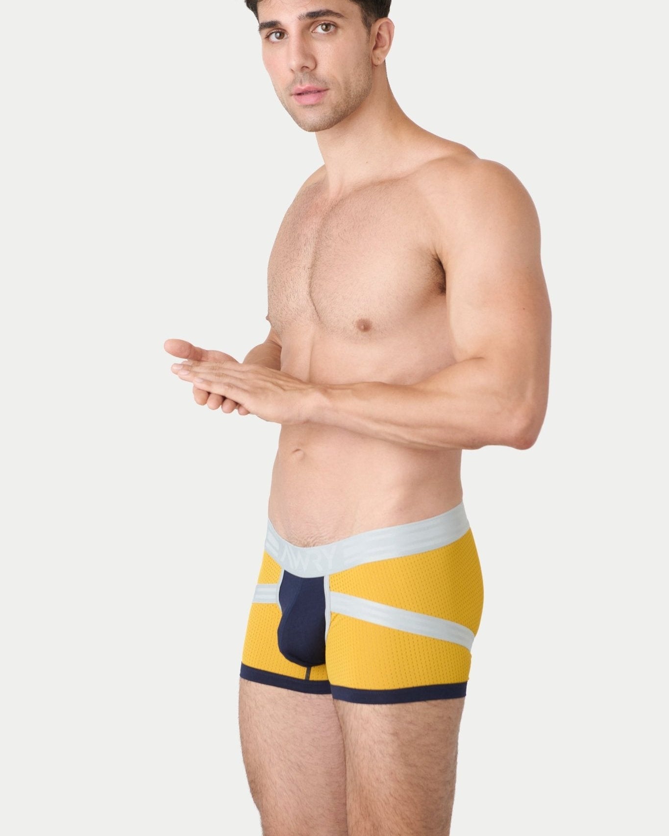 Awry Lift Trunk Navy Gold - branded waistband detail on men's trunk underwear