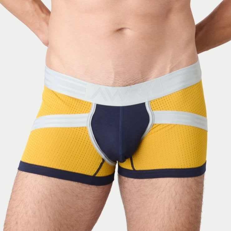 Awry Lift Trunk Navy Gold - men's enhancing trunk with built-in jockstrap, front view