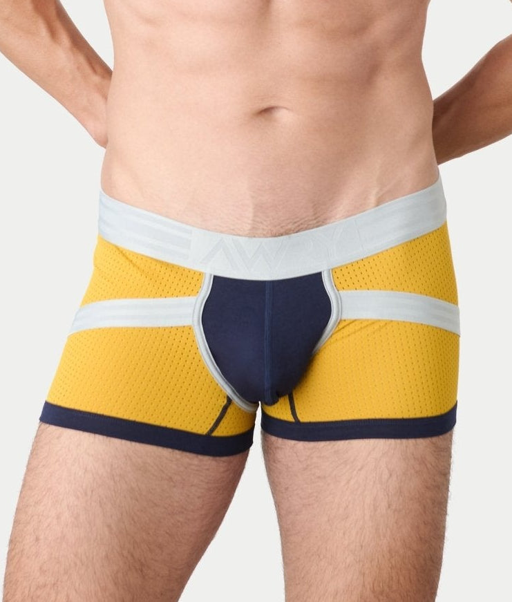 Awry Lift Trunk Navy Gold - men's enhancing trunk with built-in jockstrap, front view