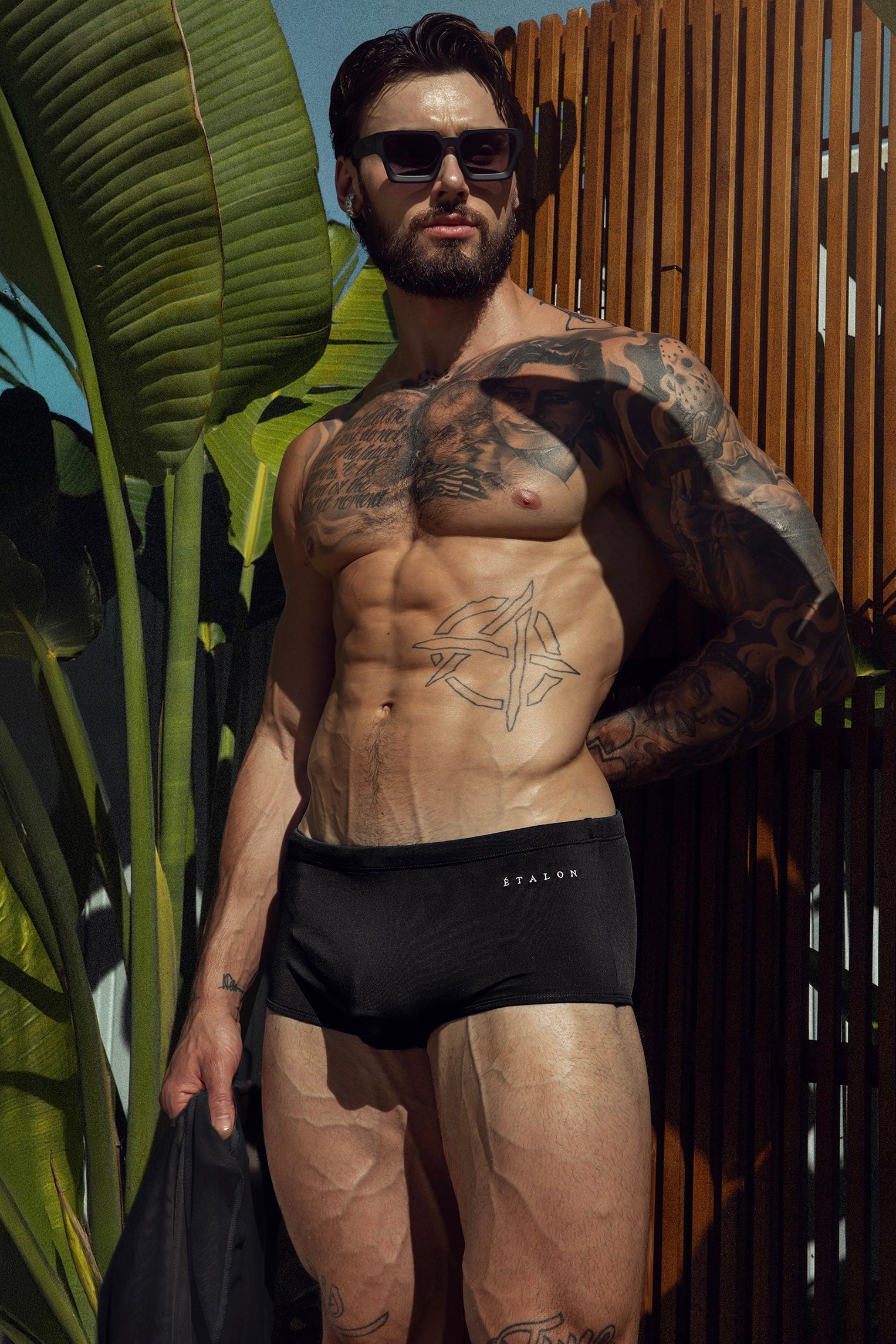 Étalon Black Swim Sunga - men's swim brief worn poolside, full body front