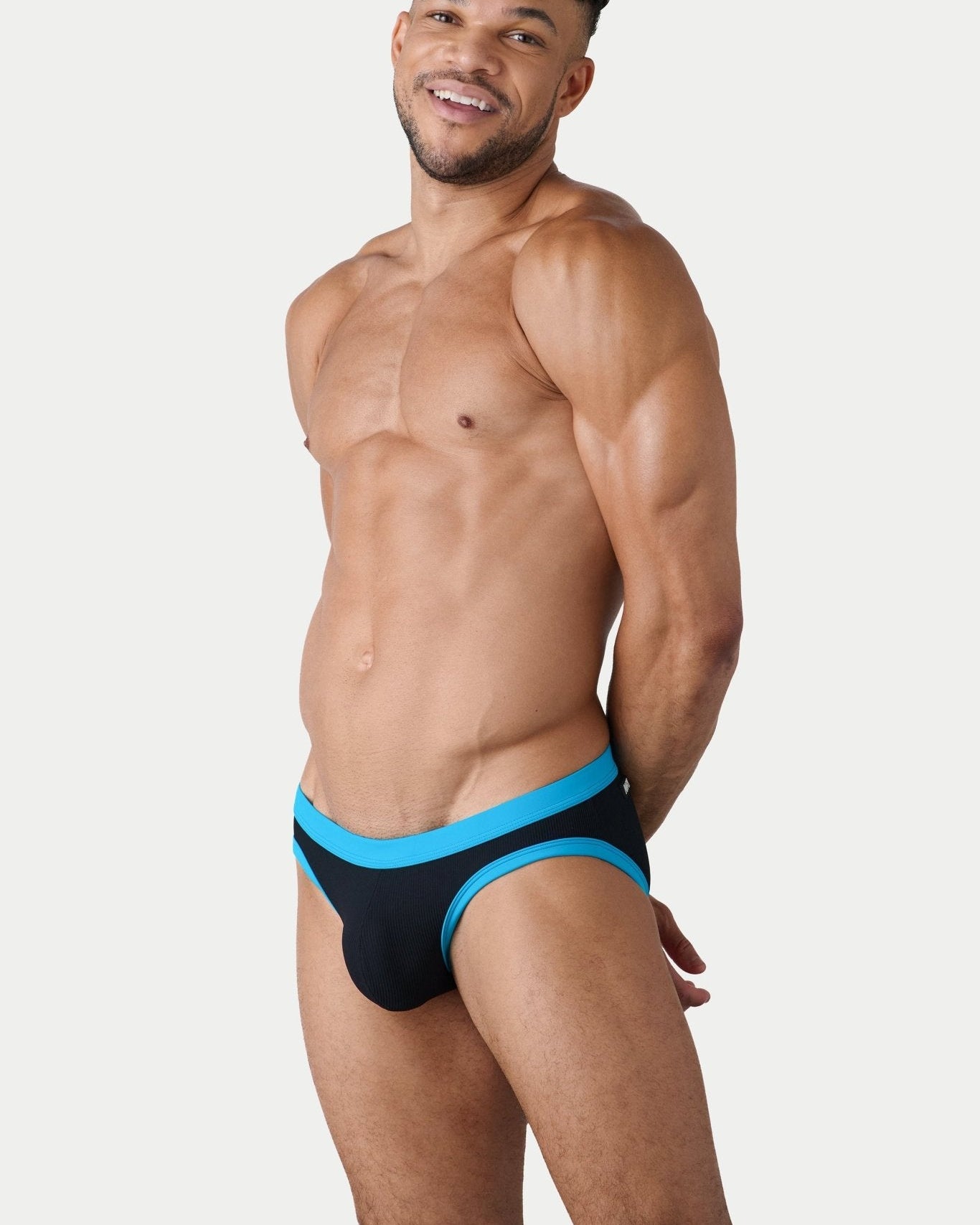 AWRY Oasis Contrast Swim Briefs Black & Aqua - mens swim briefs front view