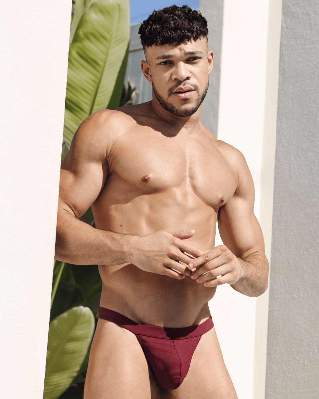 AWRY Oasis Swim Thong Maroon - men's swim thong waistband detail