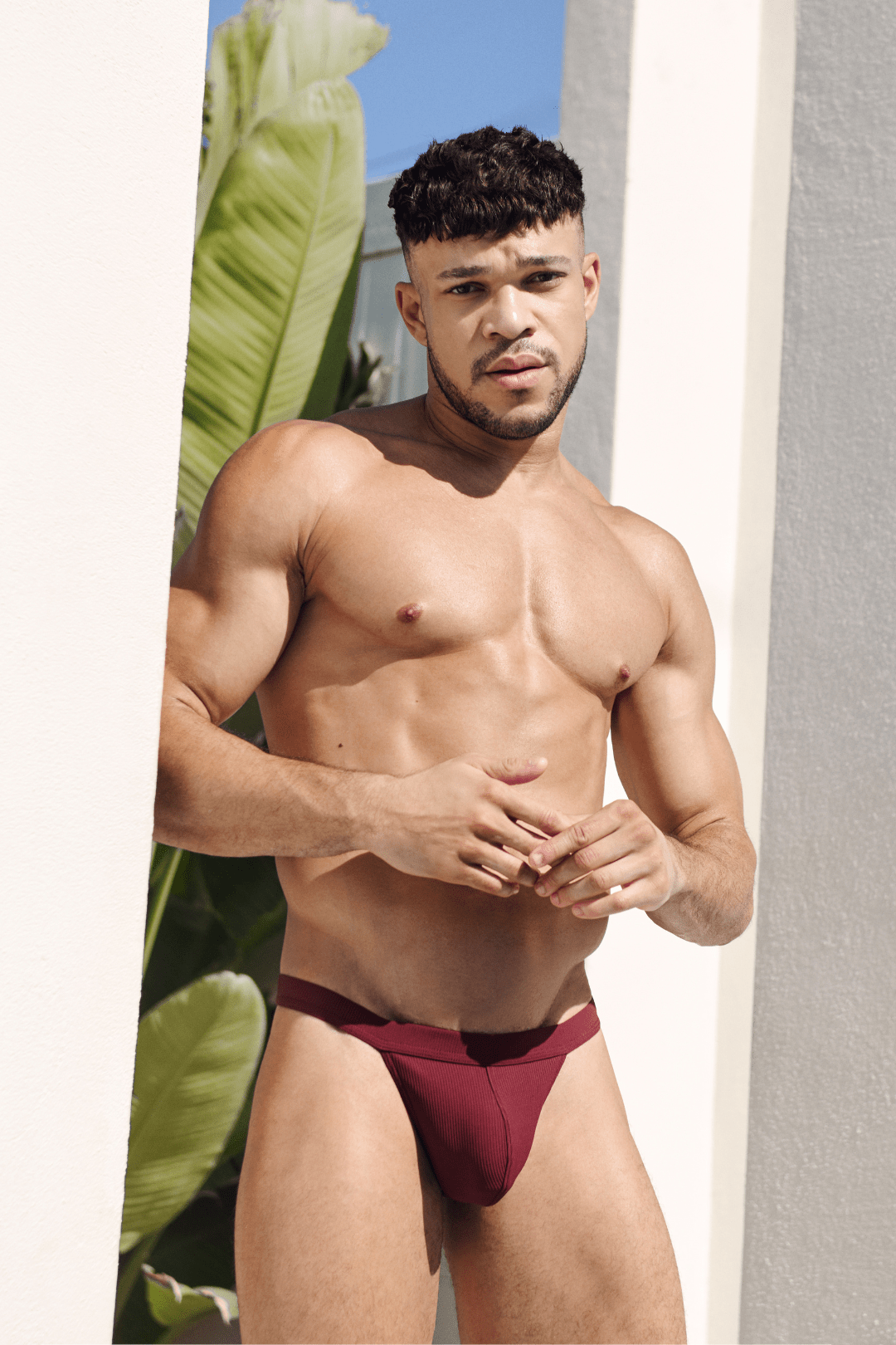 AWRY Oasis Swim Thong Maroon - men's swim thong waistband detail
