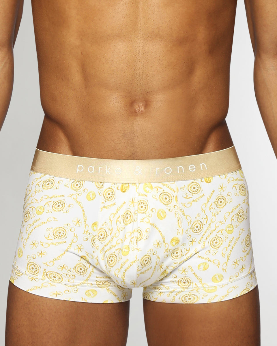 Parke & Ronen Printed Low-Rise Trunk Parke & Ronen Printed Low-Rise Trunk Roman-coins-gold