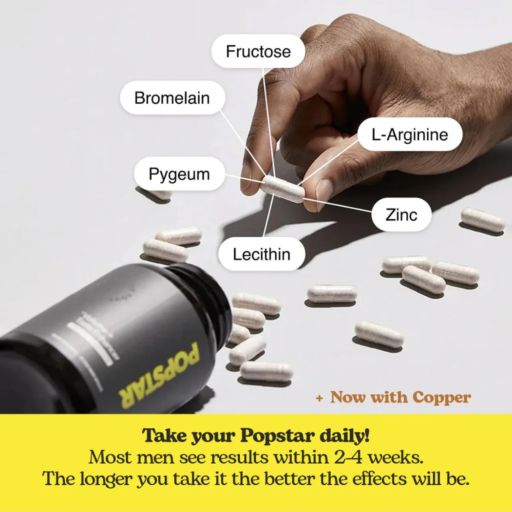 Popstar capsule ingredients callout: Bromelain, L-Arginine, Pygeum, Zinc, Lecithin, Fructose – results in 2–4 weeks