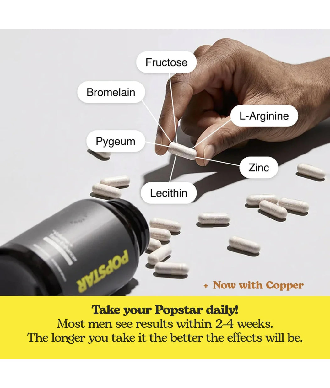 Popstar capsule ingredients callout: Bromelain, L-Arginine, Pygeum, Zinc, Lecithin, Fructose – results in 2–4 weeks