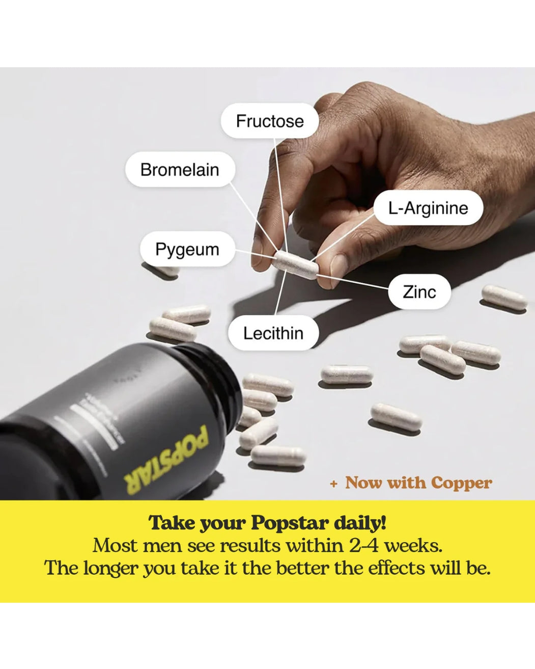 Popstar capsule ingredients callout: Bromelain, L-Arginine, Pygeum, Zinc, Lecithin, Fructose – results in 2–4 weeks
