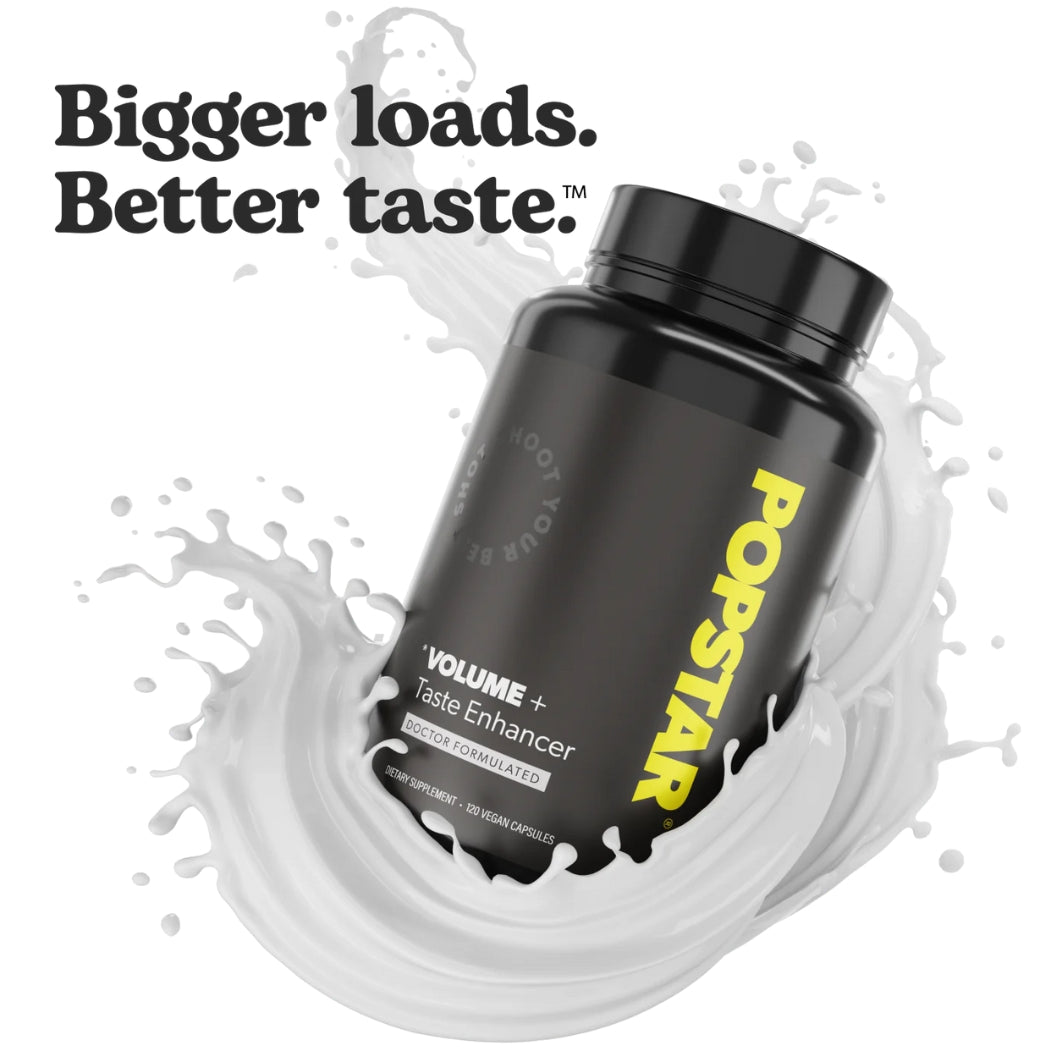 Popstar Volume + Taste Enhancer bottle with liquid splash and tagline "Bigger loads. Better taste." – men's semen supplement by Popstar Labs