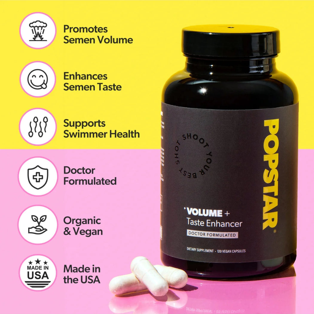 Popstar Volume + Taste Enhancer benefits graphic: promotes semen volume, enhances taste, supports sperm health, vegan, doctor-formulated, Made in USA