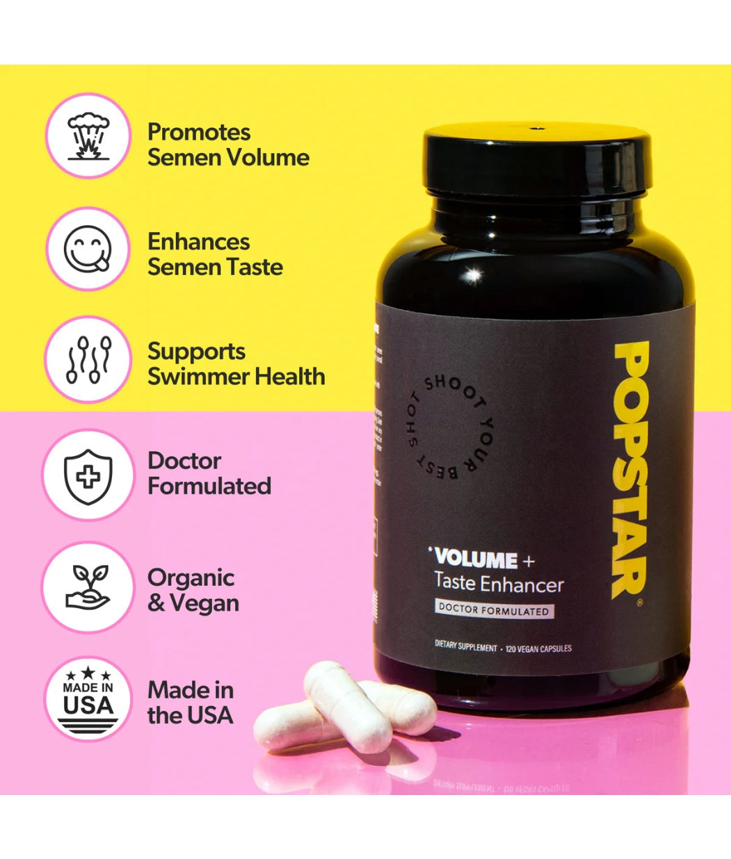 Popstar Volume + Taste Enhancer benefits graphic: promotes semen volume, enhances taste, supports sperm health, vegan, doctor-formulated, Made in USA