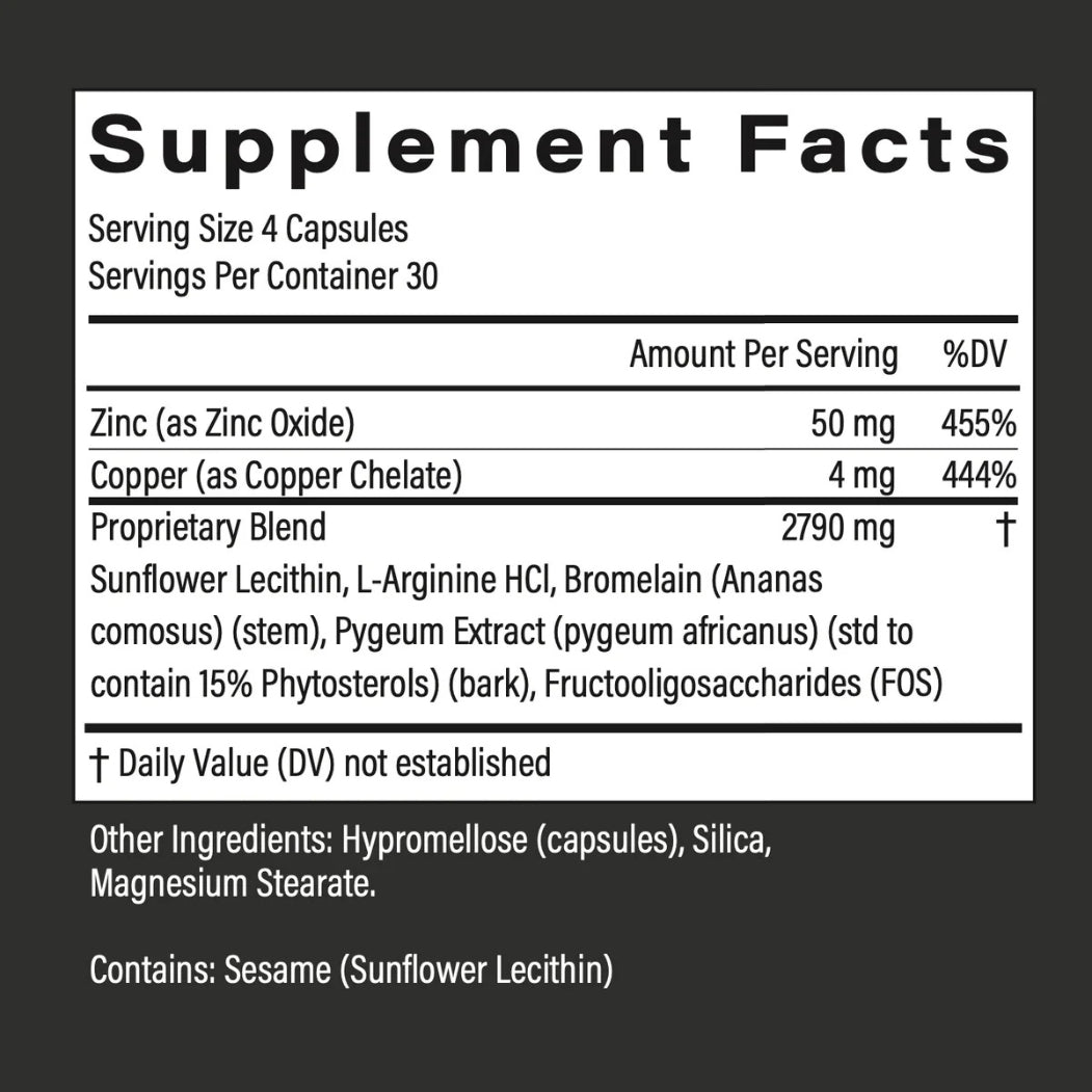 Popstar supplement facts closeup: Zinc 455% DV, Copper 444% DV, 2790mg proprietary blend for semen volume and taste