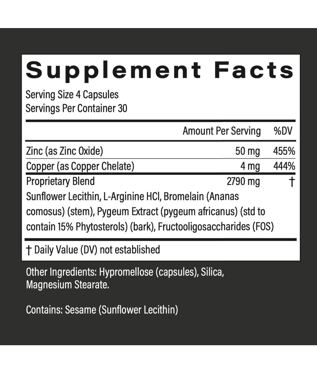 Popstar supplement facts closeup: Zinc 455% DV, Copper 444% DV, 2790mg proprietary blend for semen volume and taste