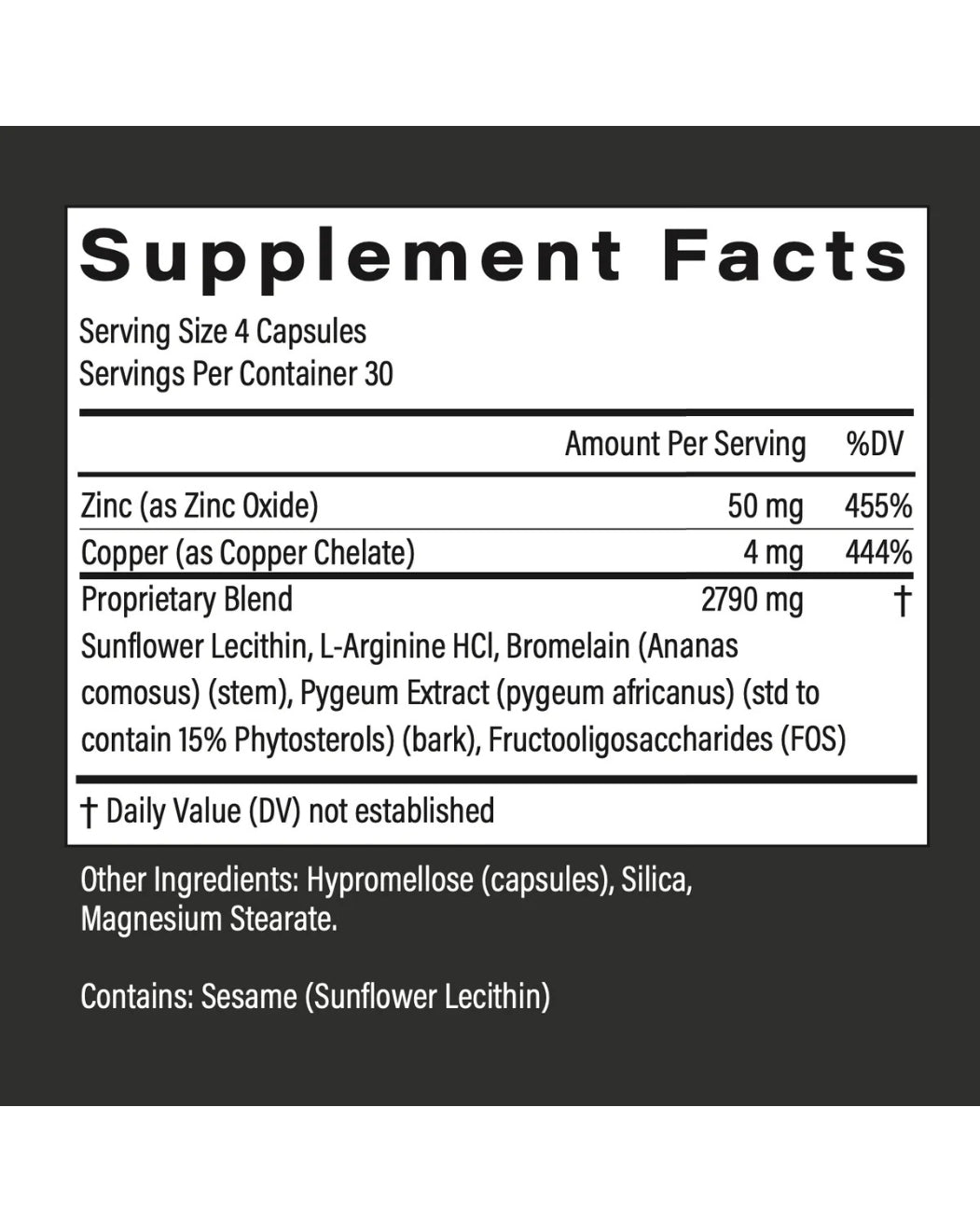 Popstar supplement facts closeup: Zinc 455% DV, Copper 444% DV, 2790mg proprietary blend for semen volume and taste
