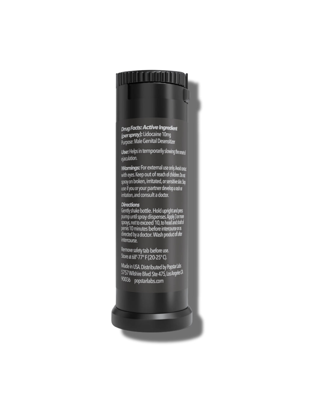 Popstar Delay Spray — active ingredient Lidocaine 10mg, back label with directions