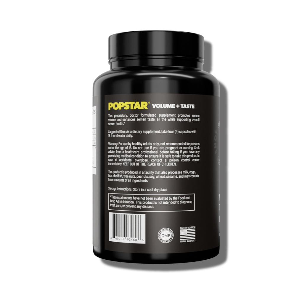 Popstar Volume + Taste Enhancer bottle back label with usage directions, warnings, GMP seal, and Made in USA badge