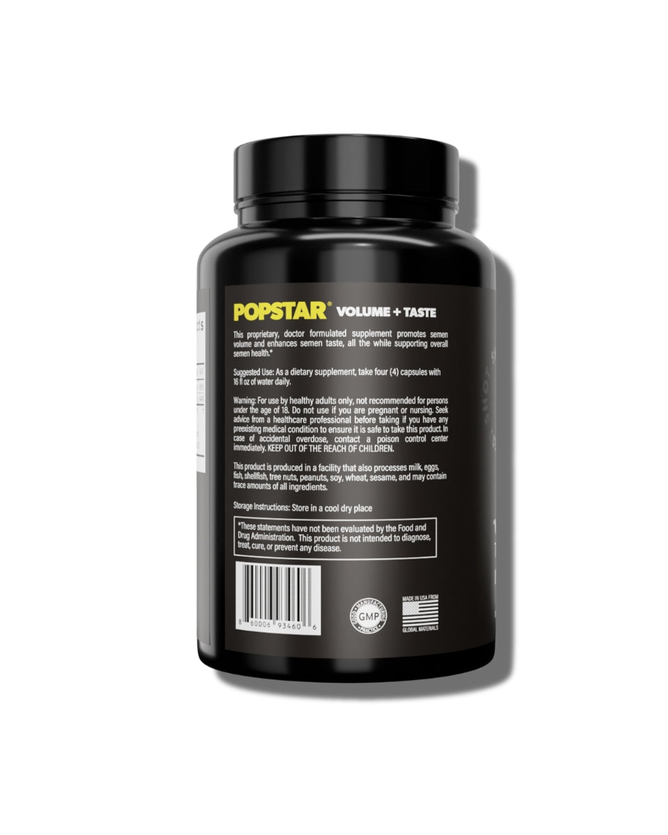 Popstar Volume + Taste Enhancer bottle back label with usage directions, warnings, GMP seal, and Made in USA badge