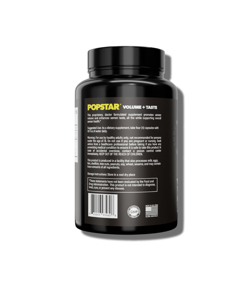 Popstar Volume + Taste Enhancer bottle back label with usage directions, warnings, GMP seal, and Made in USA badge
