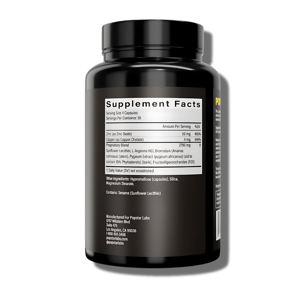 Popstar men's semen supplement Supplement Facts: Zinc 50mg, Copper 4mg, 2790mg blend of Lecithin, L-Arginine, Bromelain, Pygeum, FOS