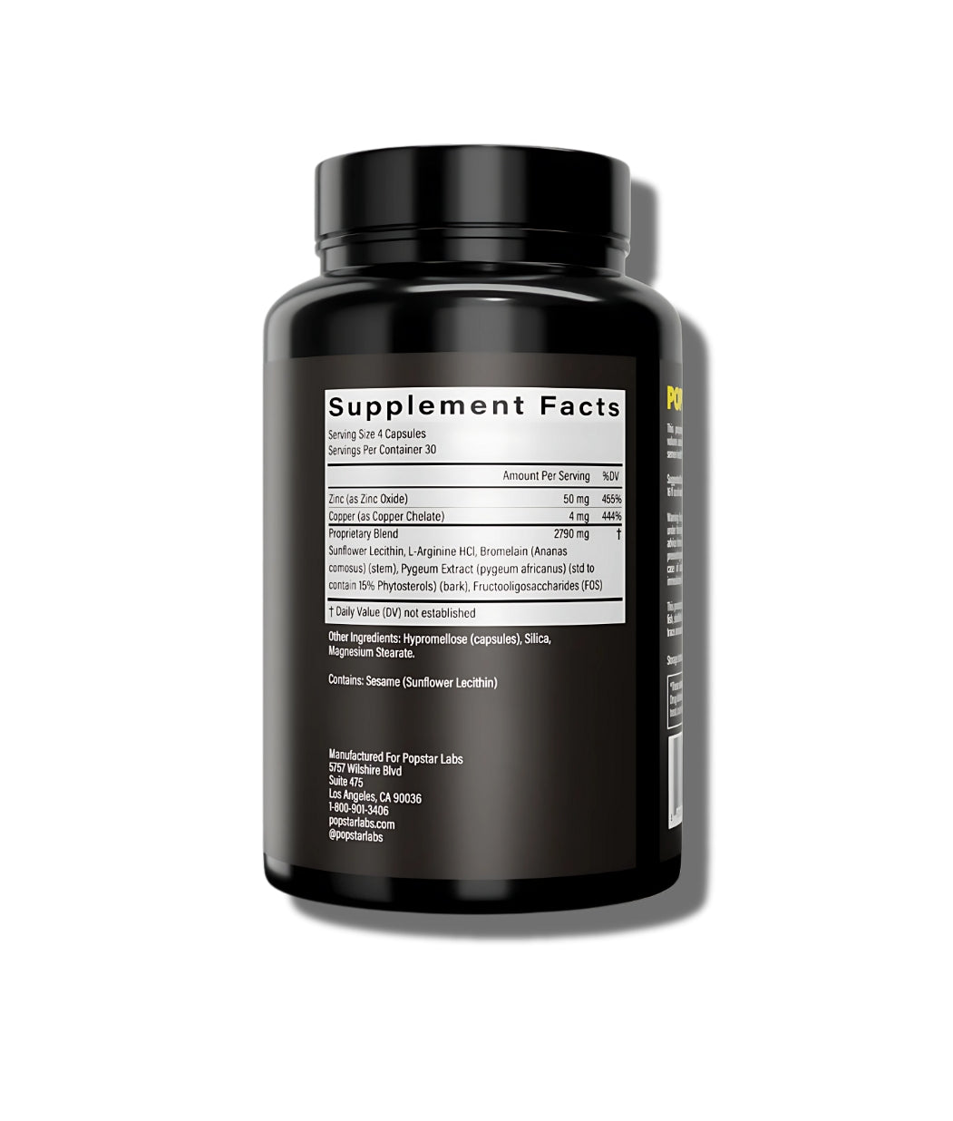 Popstar men's semen supplement Supplement Facts: Zinc 50mg, Copper 4mg, 2790mg blend of Lecithin, L-Arginine, Bromelain, Pygeum, FOS