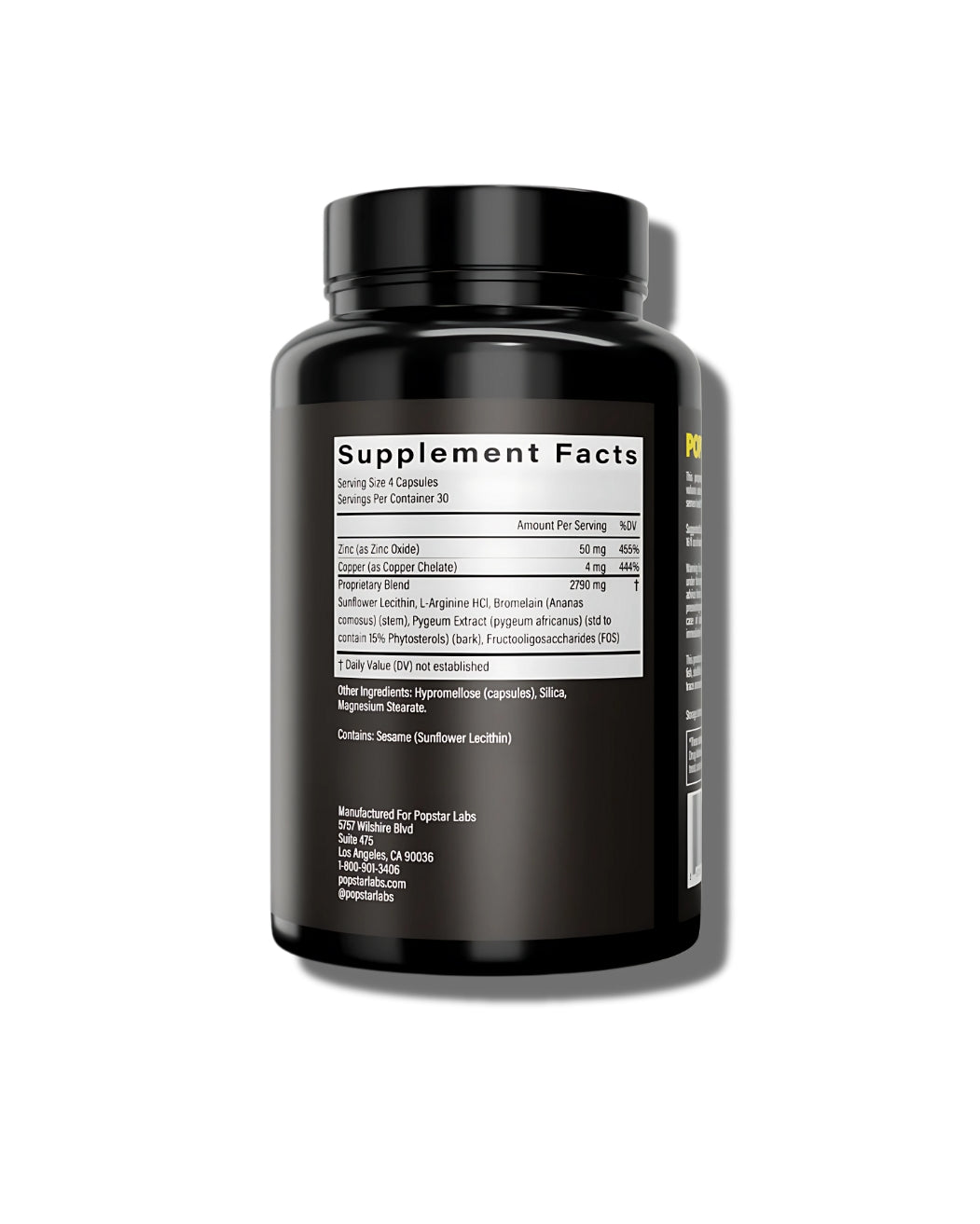 Popstar men's semen supplement Supplement Facts: Zinc 50mg, Copper 4mg, 2790mg blend of Lecithin, L-Arginine, Bromelain, Pygeum, FOS