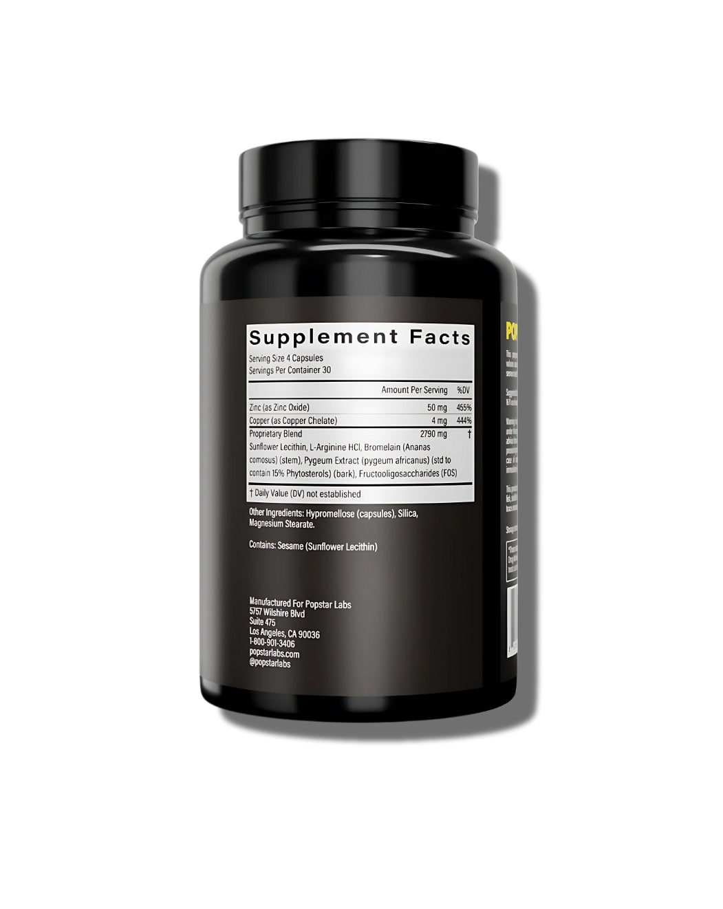 Popstar men's semen supplement Supplement Facts: Zinc 50mg, Copper 4mg, 2790mg blend of Lecithin, L-Arginine, Bromelain, Pygeum, FOS