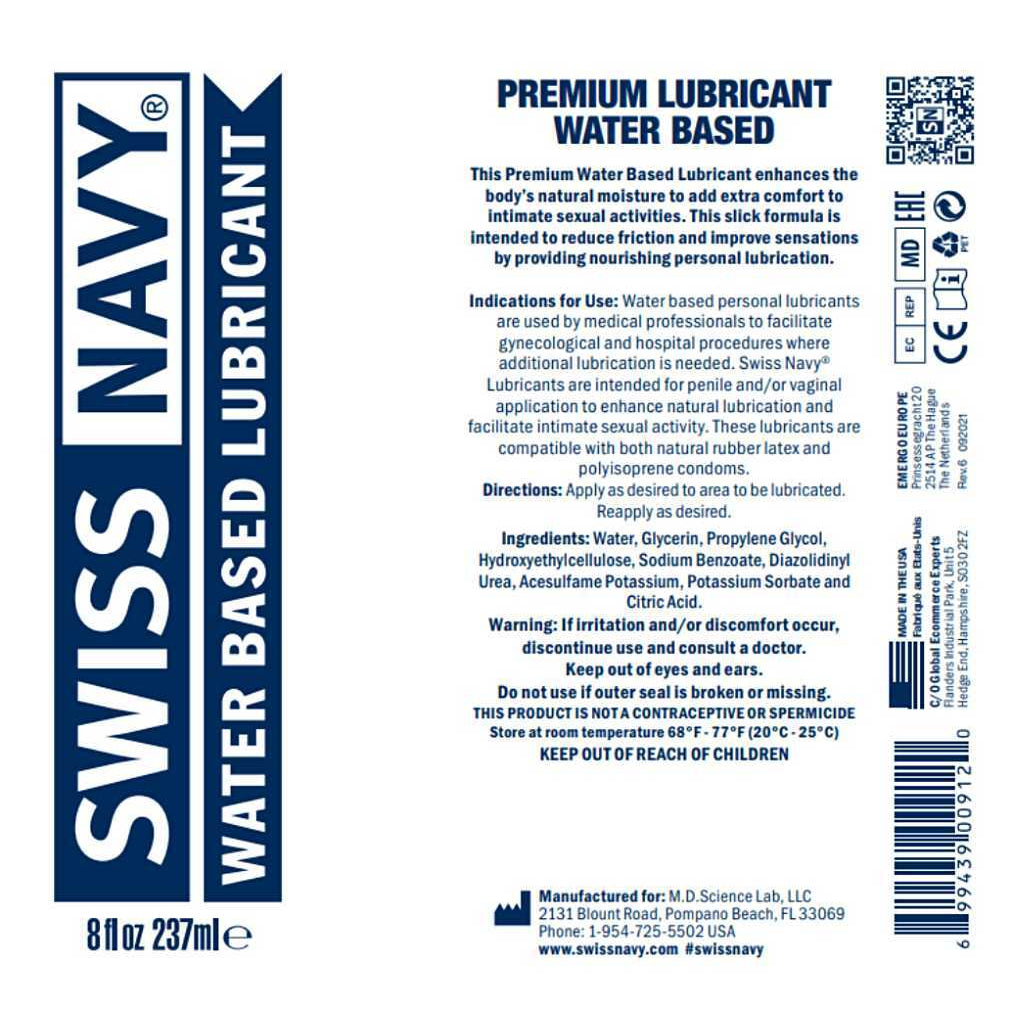 Swiss Navy Water-Based Lubricant 8oz full ingredients