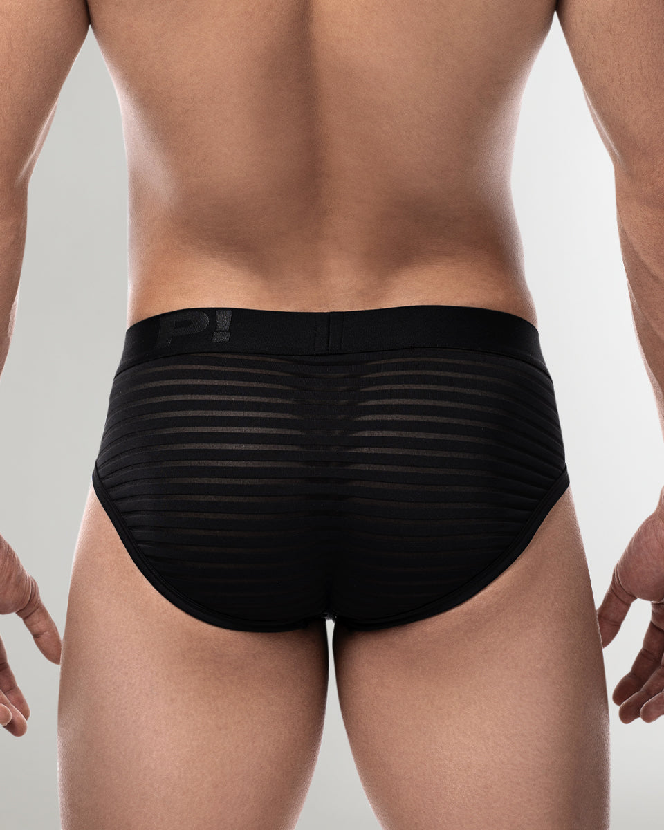 PUMP! Whisper Black Brief Black - men's semi-sheer striped brief with lined nylon microfiber cup, back view