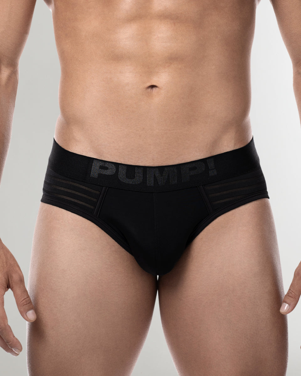 PUMP! Whisper Black Brief Black - men's semi-sheer striped brief with lined nylon microfiber cup, front view