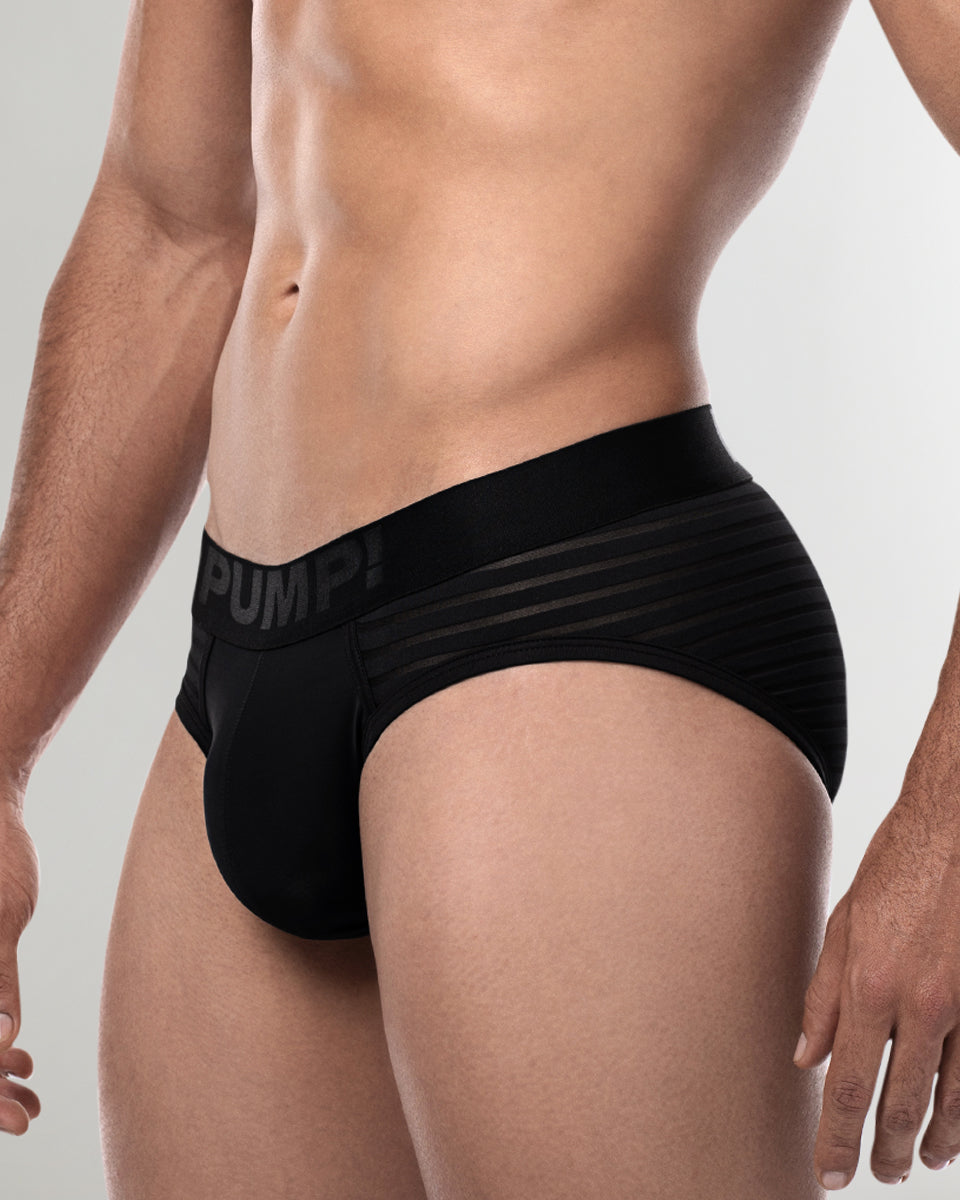 PUMP! Whisper Black Brief Black - men's semi-sheer striped brief with lined nylon microfiber cup, side view