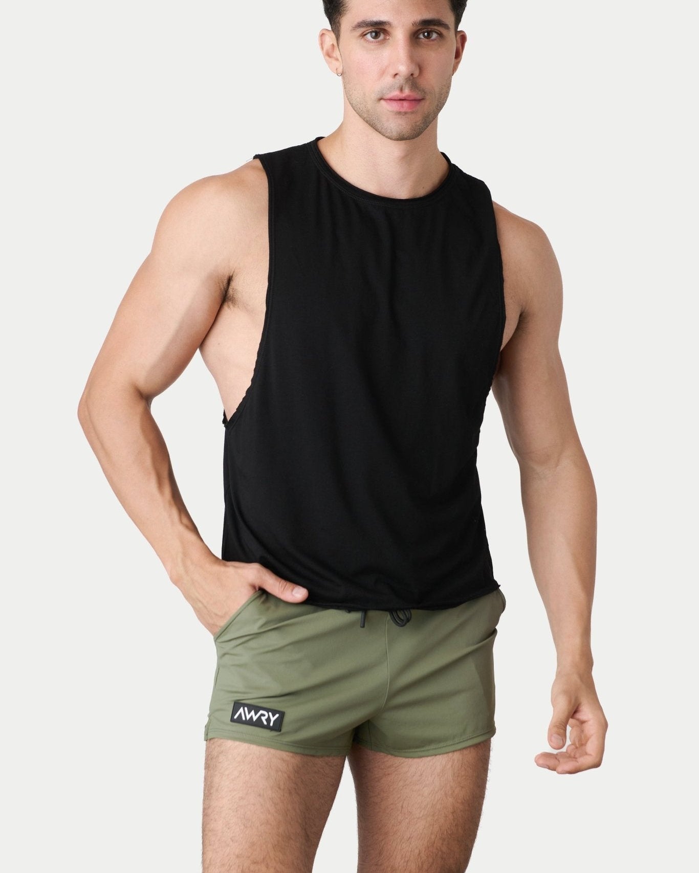 Awry Raw Crop Tank Black — men's cotton-modal activewear crop tank with raw edges, front view