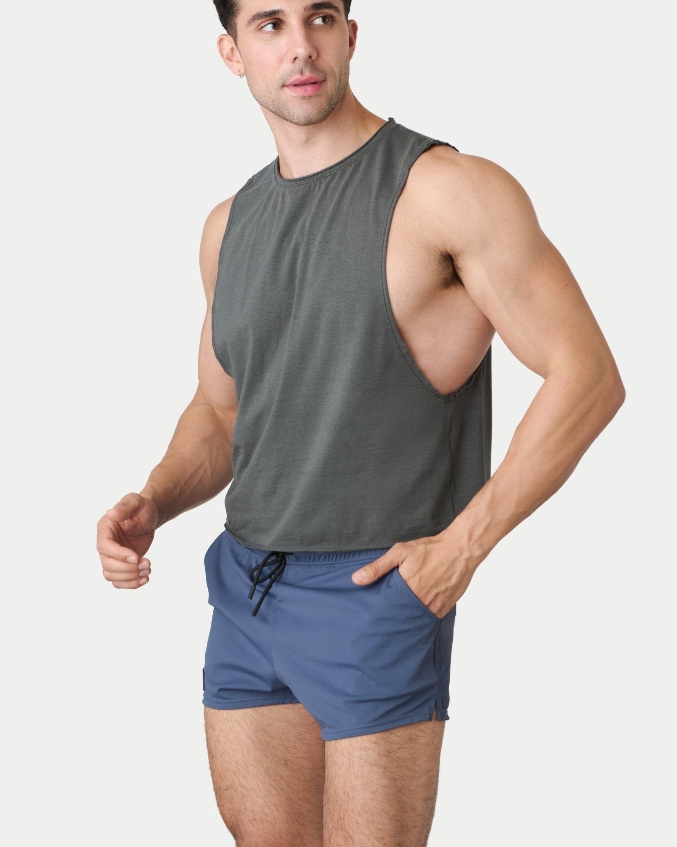 Awry Raw Crop Tank Charcoal — rear view showing open back and raw hem edge detail