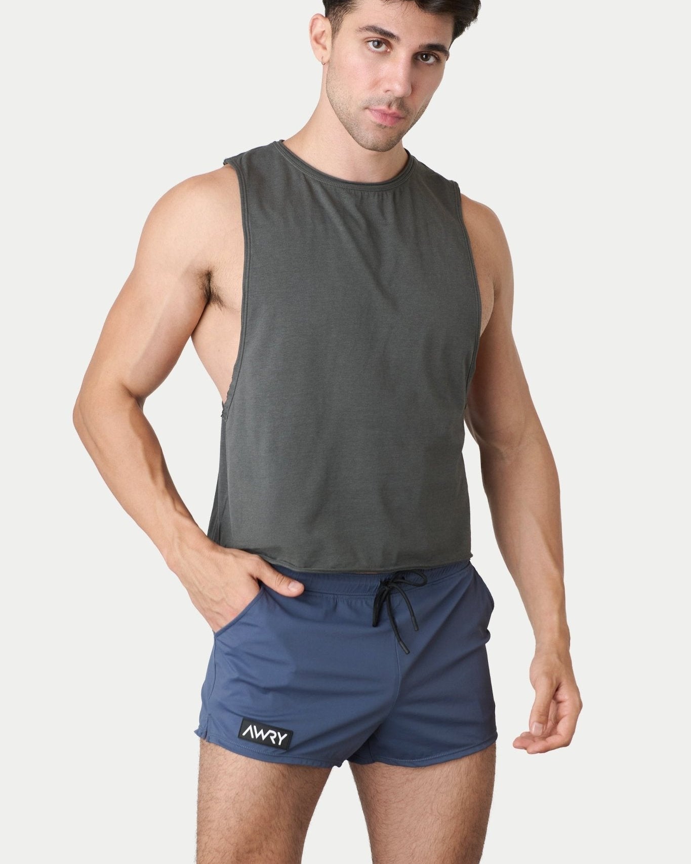 Awry Raw Crop Tank Charcoal — men's cotton-modal activewear crop tank with raw edges, front view