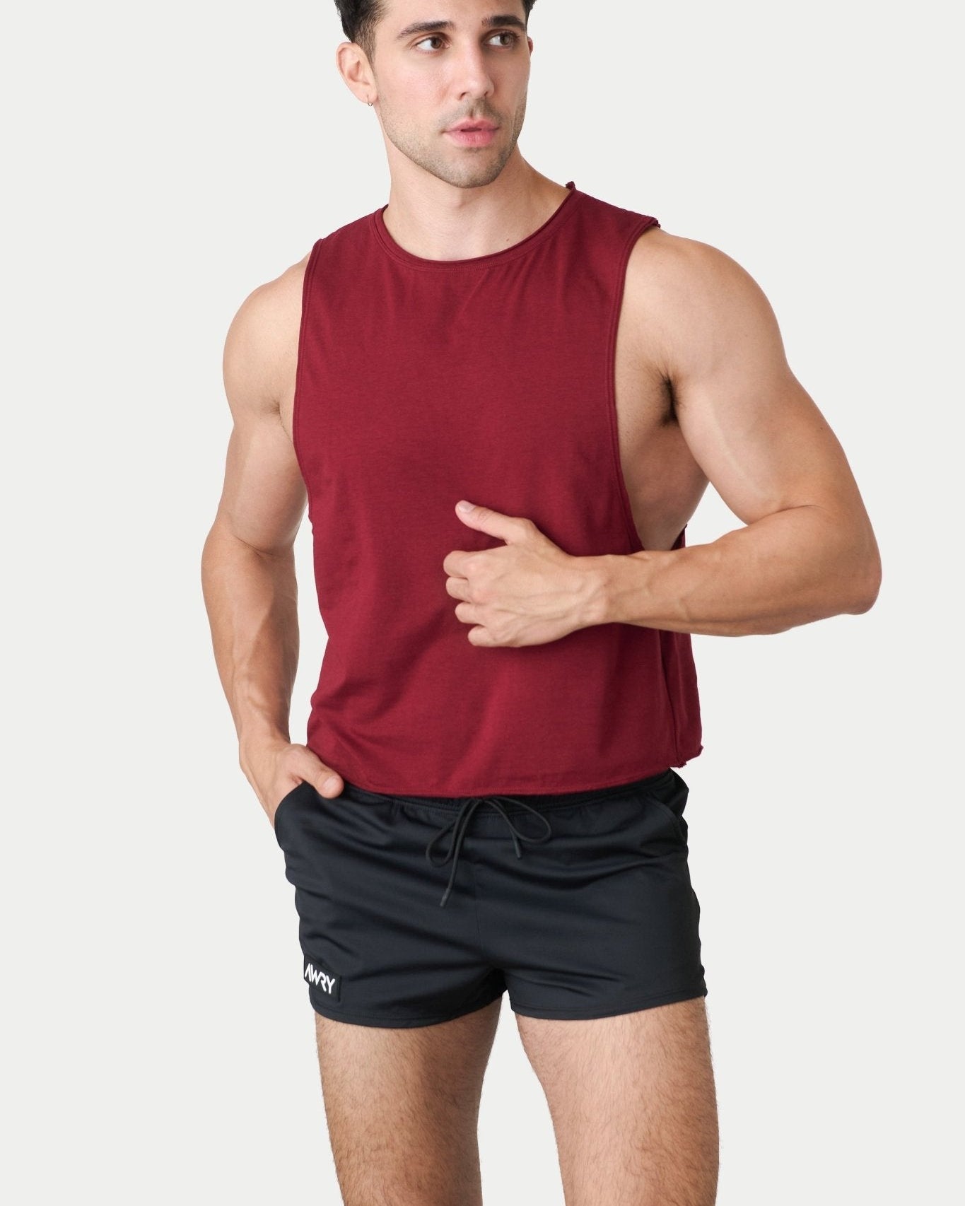 Awry Raw Crop Tank Maroon — men's cotton-modal activewear crop tank with raw edges, front view