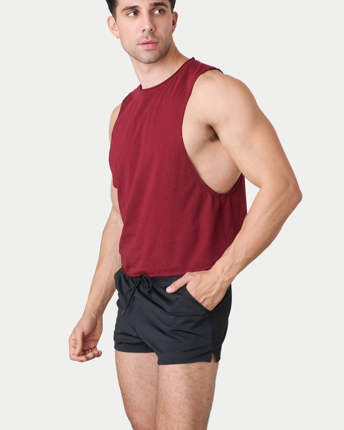 Awry Raw Crop Tank Maroon — rear view showing open back and raw hem edge detail