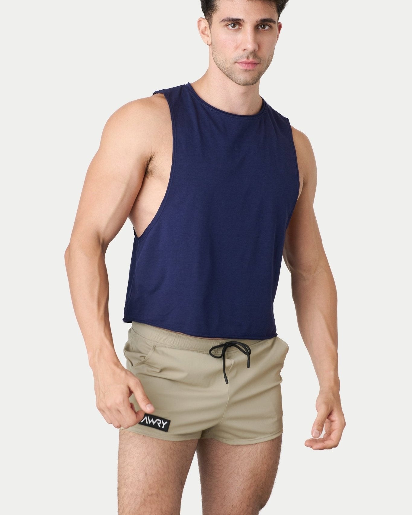 Awry Raw Crop Tank Navy — men's cotton-modal activewear crop tank with raw edges, front view