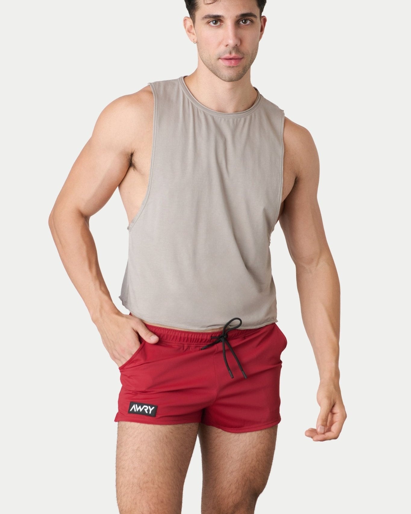 Awry Raw Crop Tank Taupe — men's cotton-modal activewear crop tank with raw edges, front view
