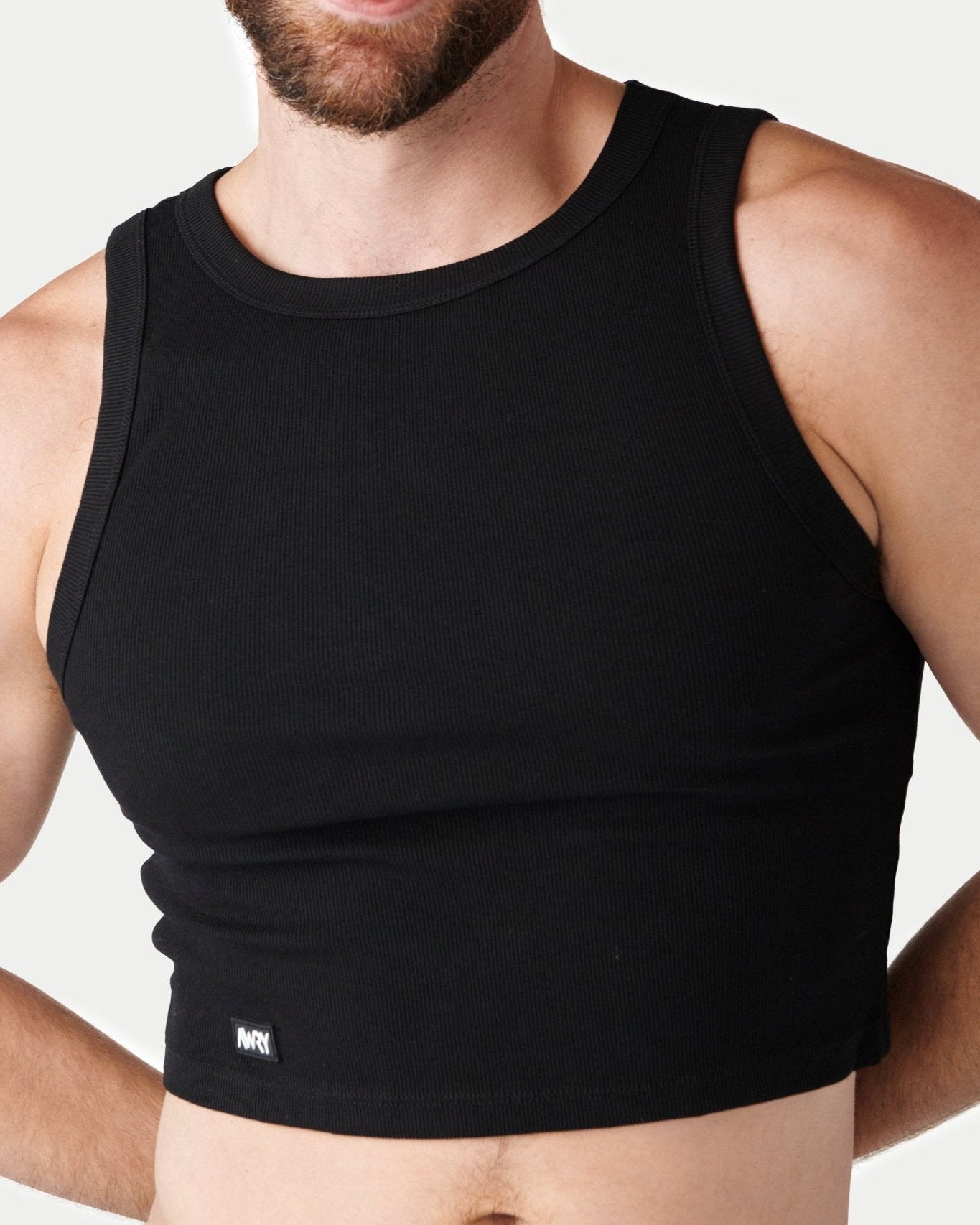 Awry Ribbed Crop Tank Black — men's cropped ribbed tank top, front view