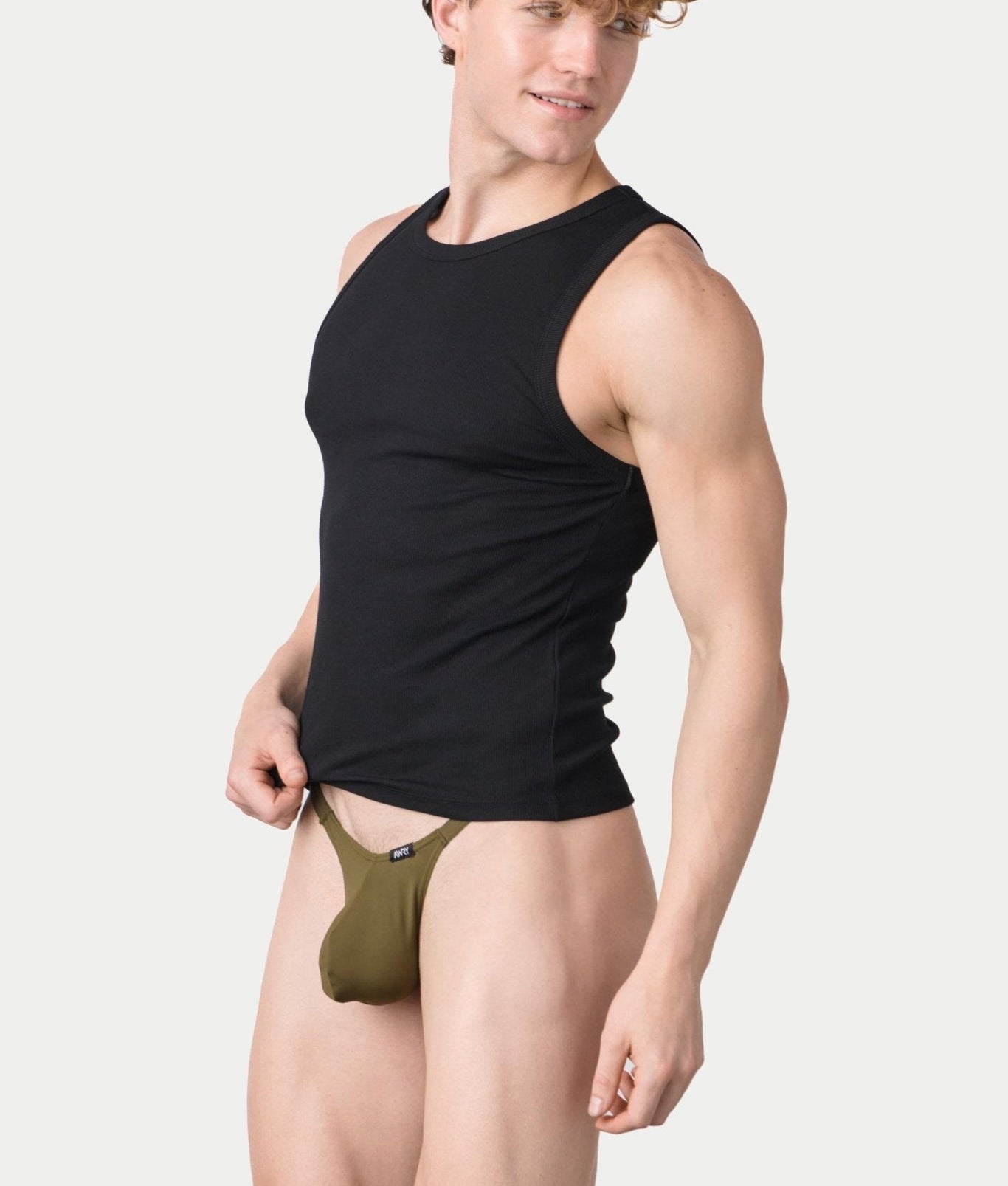 Awry Ribbed Tank Black — men's ribbed tank top shown with matching styles, side view