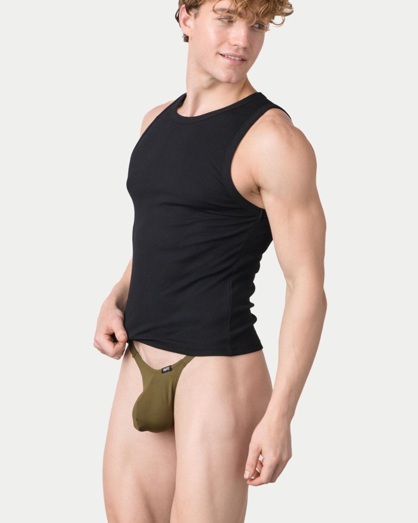 Awry Ribbed Tank Black — men's ribbed tank top shown with matching styles, side view