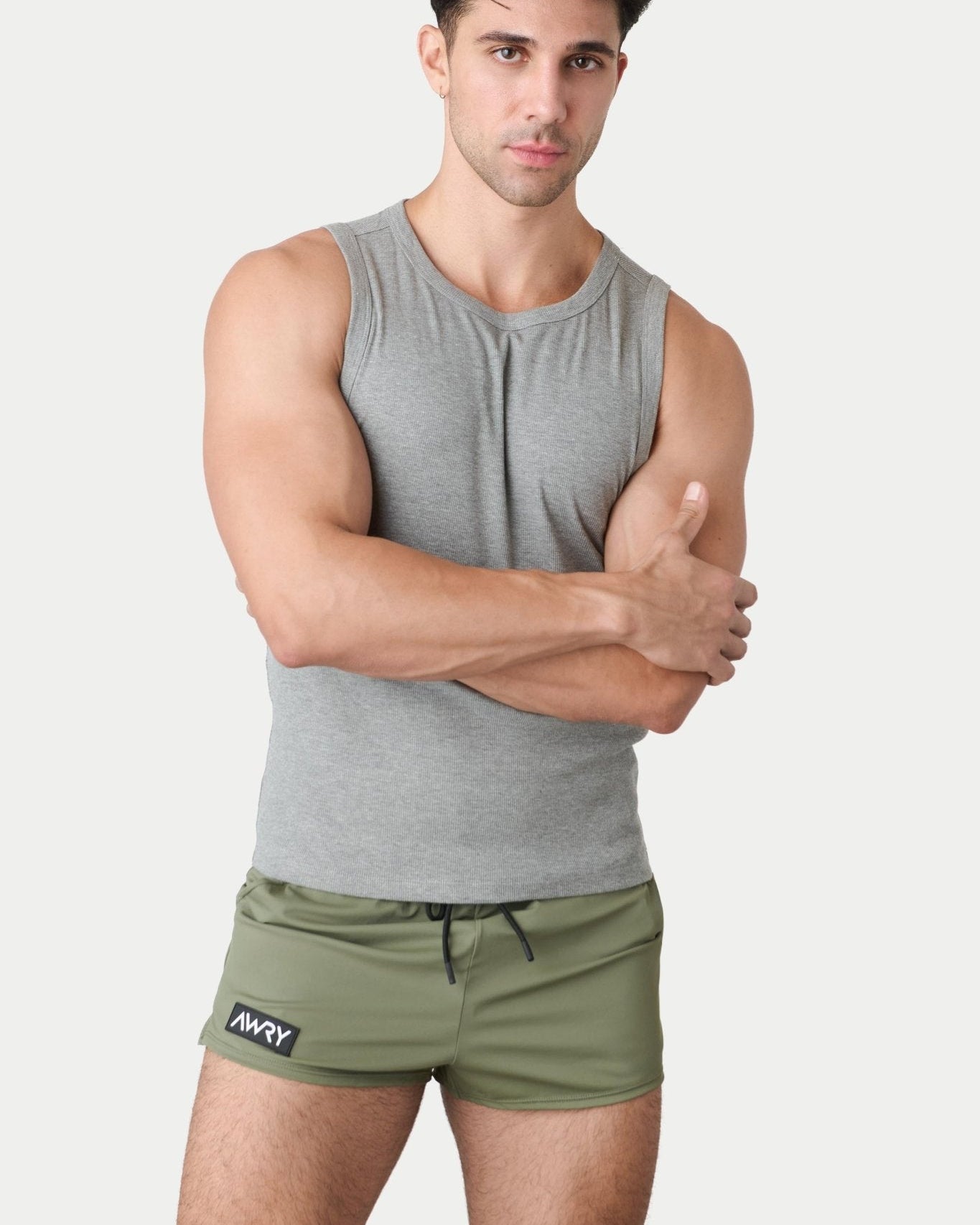 Awry Ribbed Tank Heather Gray — men's cropped ribbed tank top, front view
