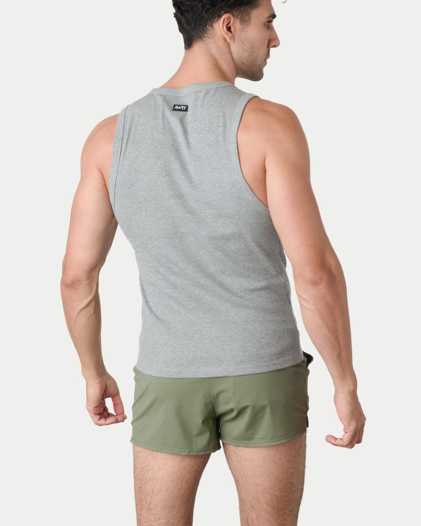 Awry Ribbed Tank Heather Gray — men's fitted ribbed tank top, back view