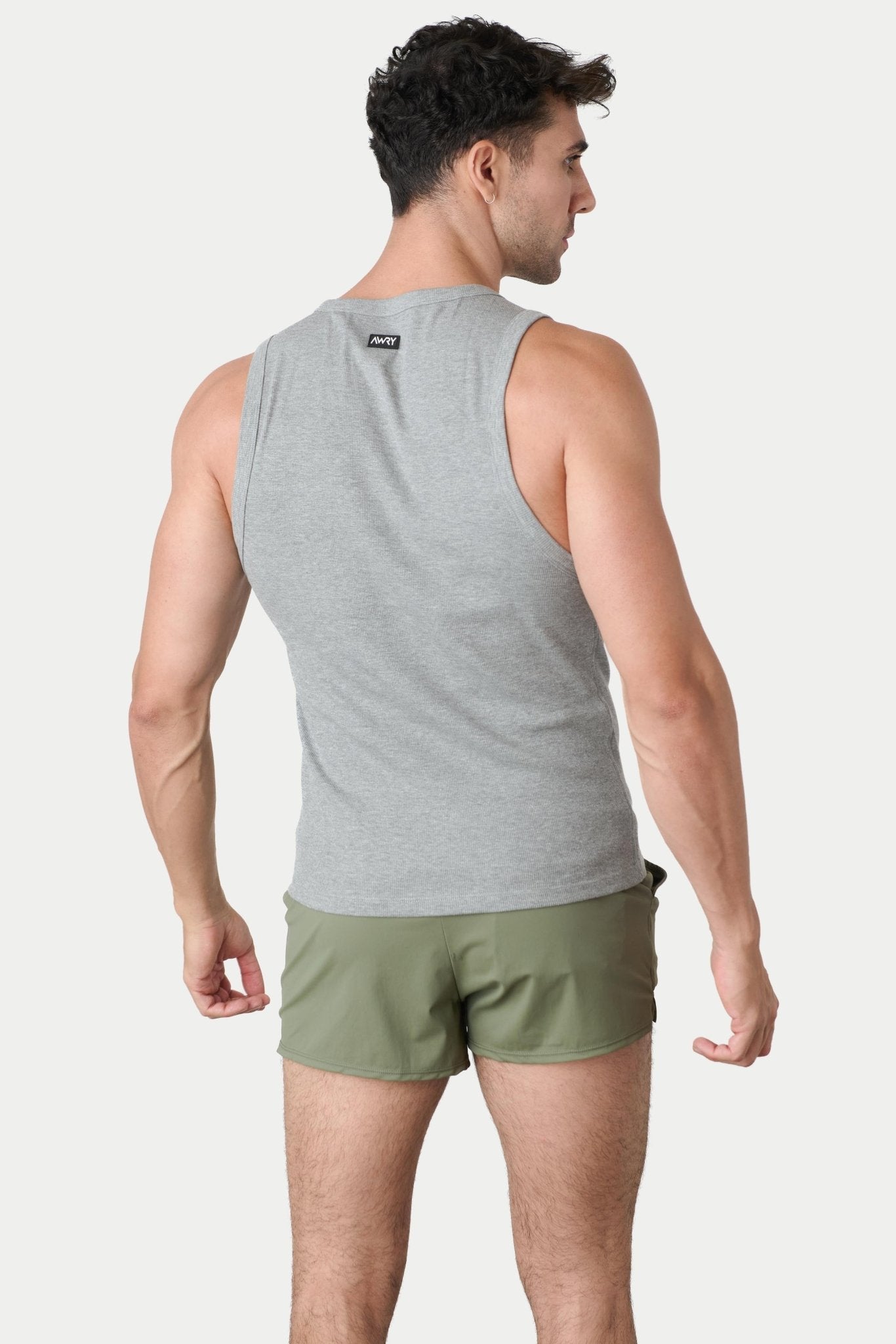 Awry Ribbed Tank Heather Gray — men's fitted ribbed tank top, back view