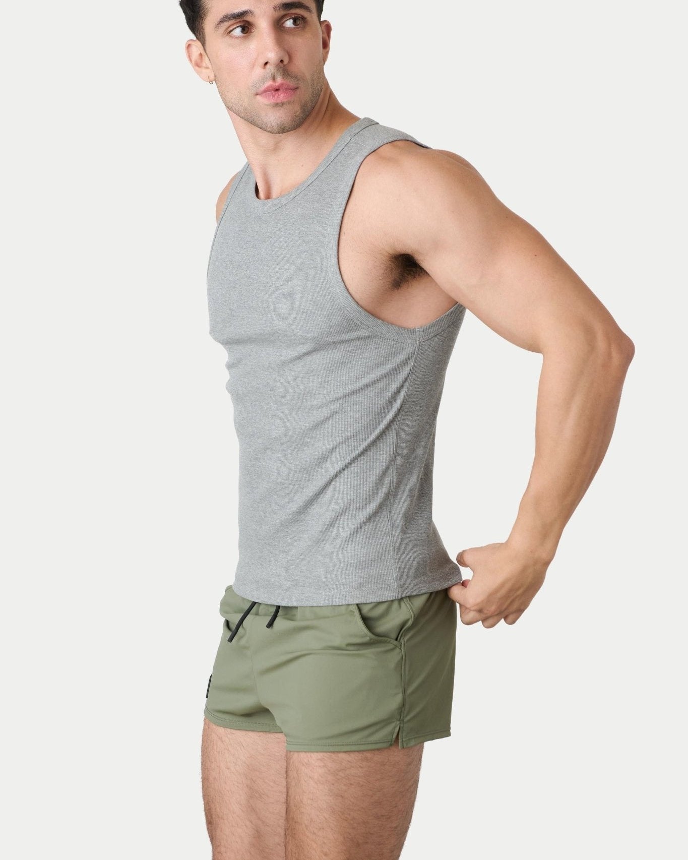 Awry Ribbed Tank Heather Gray — men's ribbed tank top shown with matching styles, side view