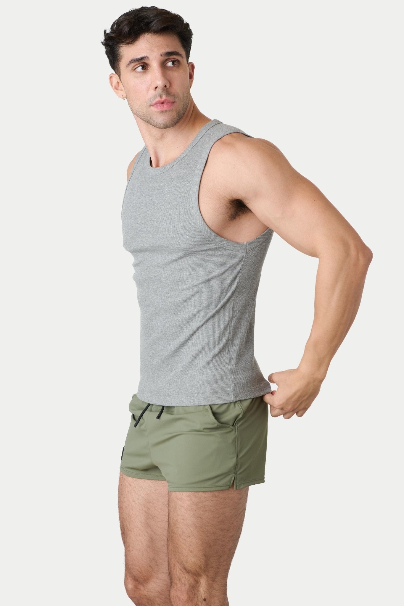 Awry Ribbed Tank Heather Gray — men's ribbed tank top shown with matching styles, side view