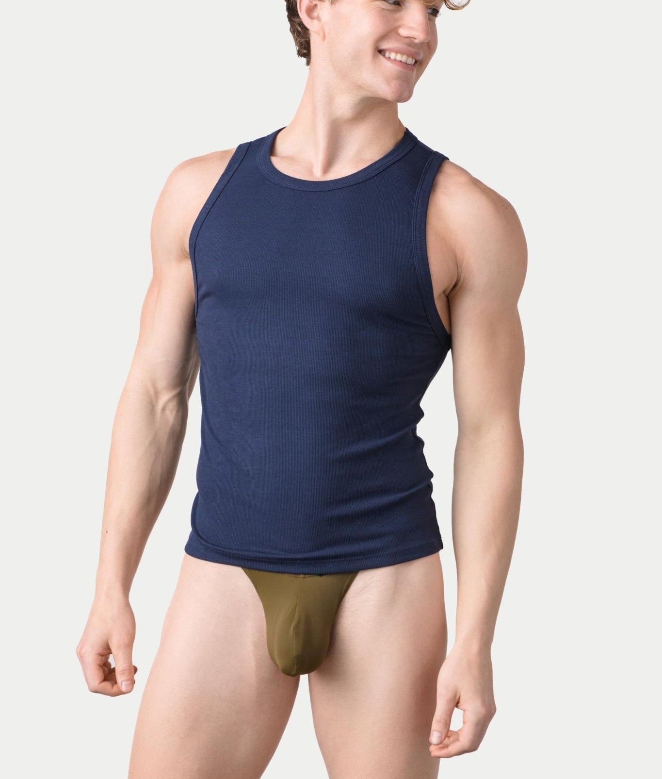 Awry Ribbed Tank Navy — men's cropped ribbed tank top, front view