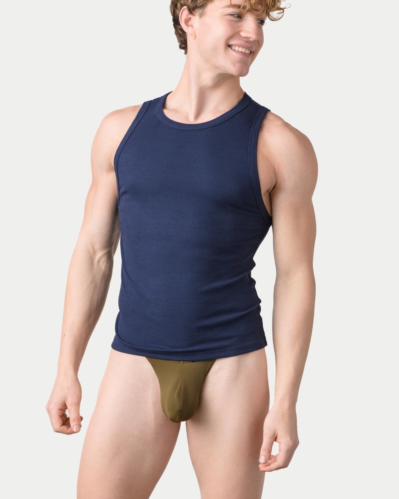 Awry Ribbed Tank Navy — men's cropped ribbed tank top, front view