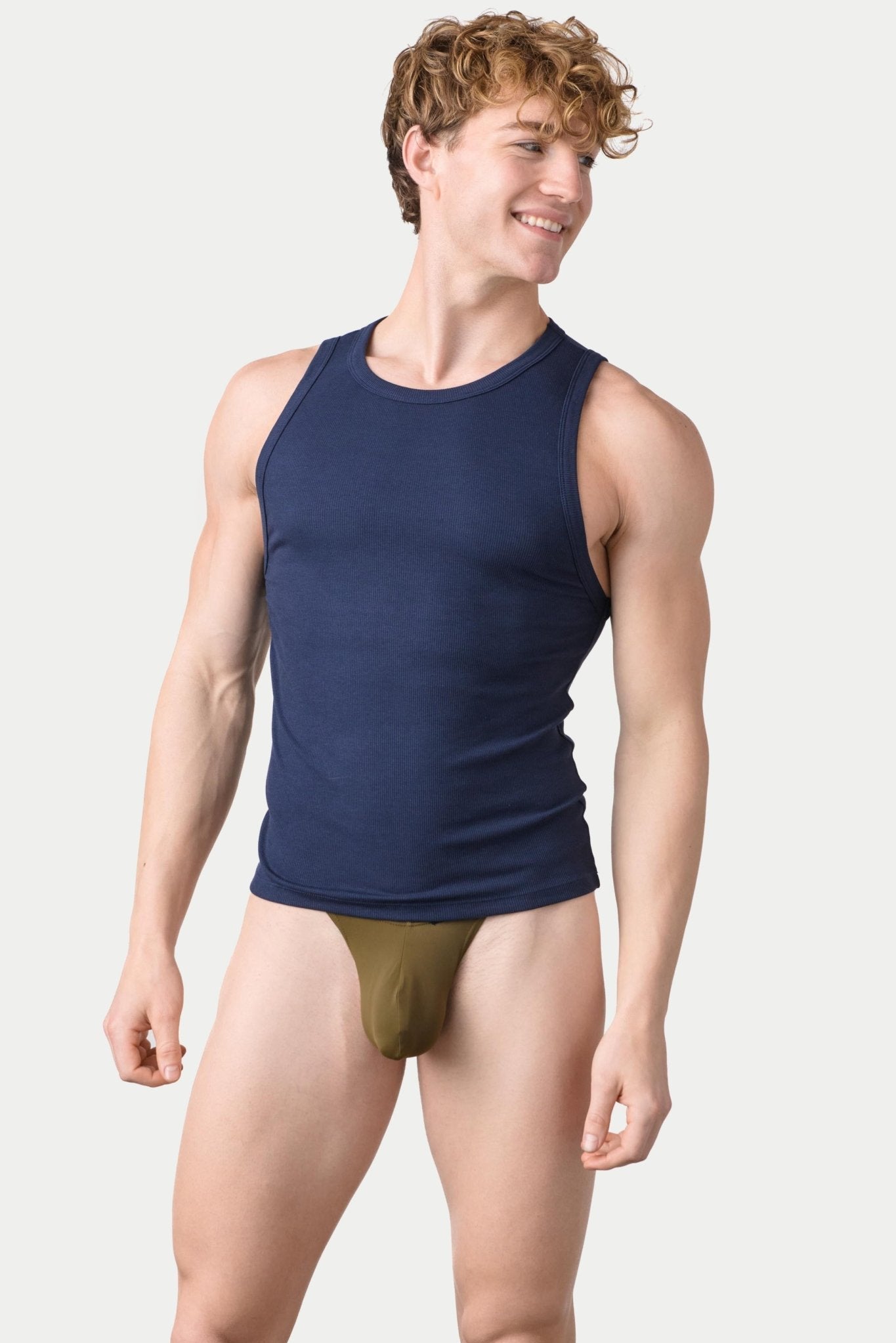 Awry Ribbed Tank Navy — men's cropped ribbed tank top, front view